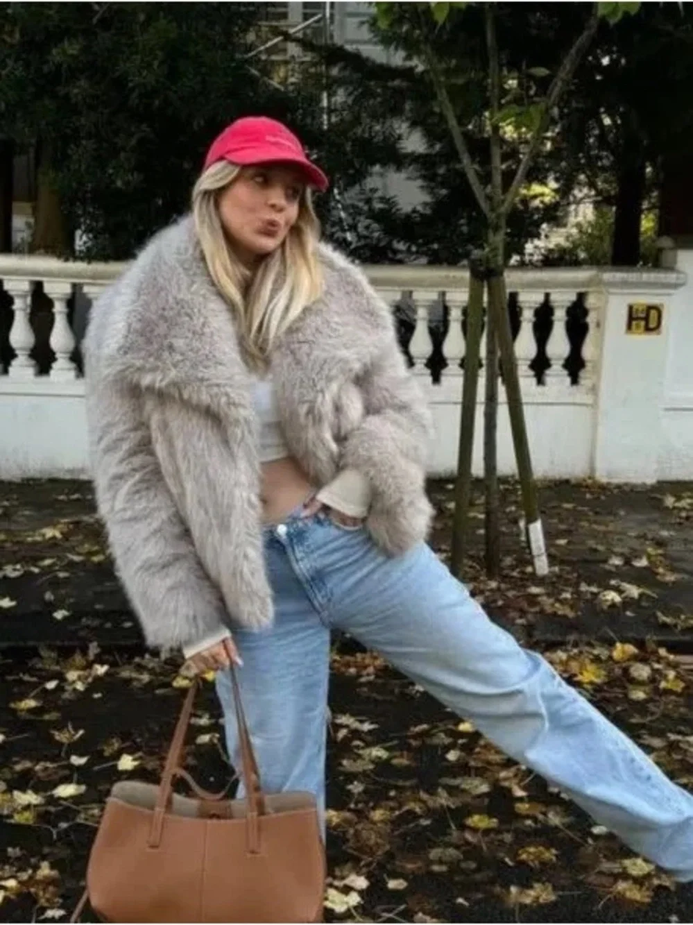 Plush Faux Fur Coat in Light Gray - Women's Jacket
